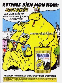 ANNEES, 80, 80's, eighties, Groquik, Groquick, Grosquick, Grosquik, Nesquik, Nesquick, NESTLE, Chocolat, mascotte, EMBLEME, enfance, trentenaires, pubs, PUBLICITE